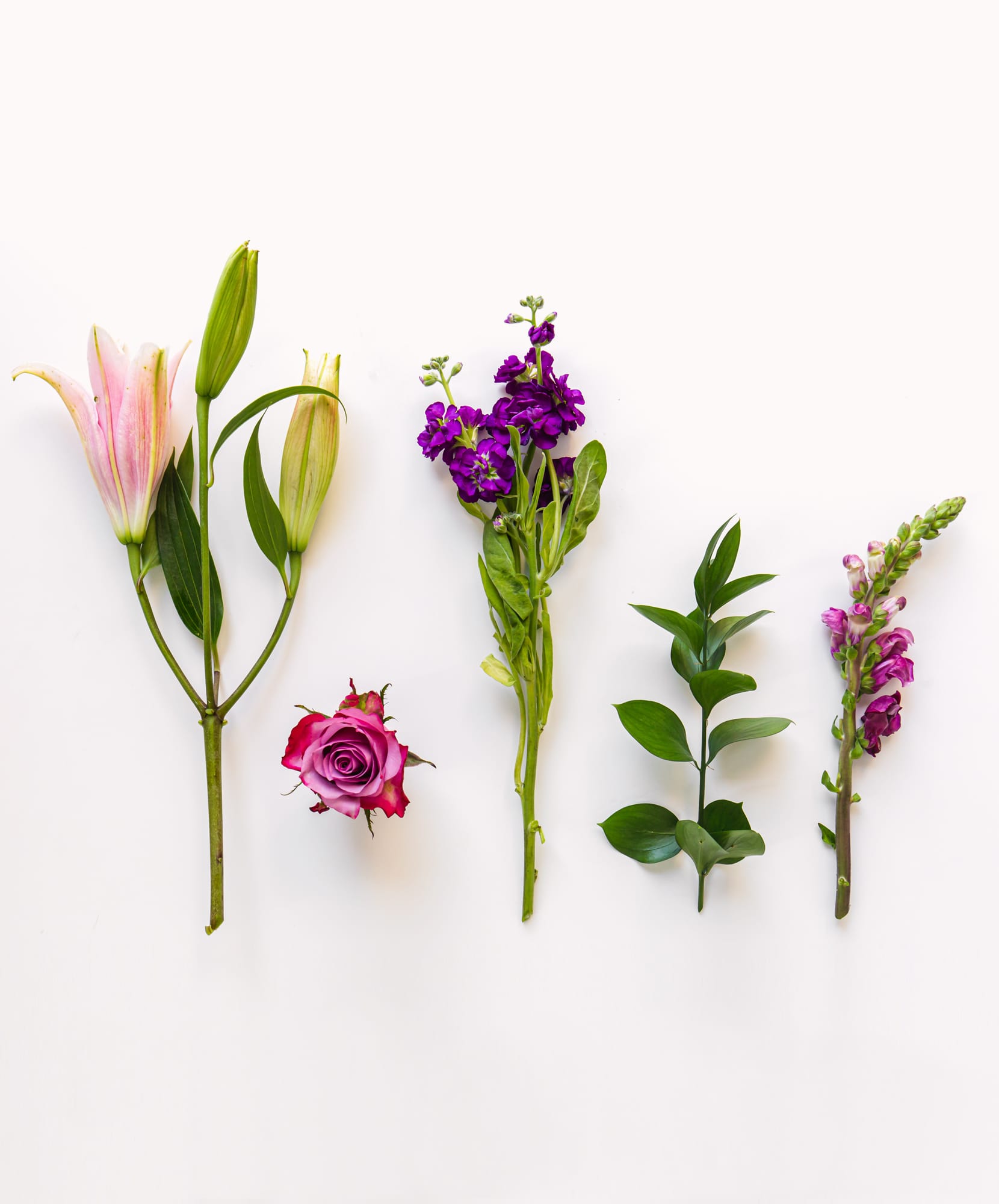 A colorful display of flowers including lilies, roses, and purple blooms on a white background.
